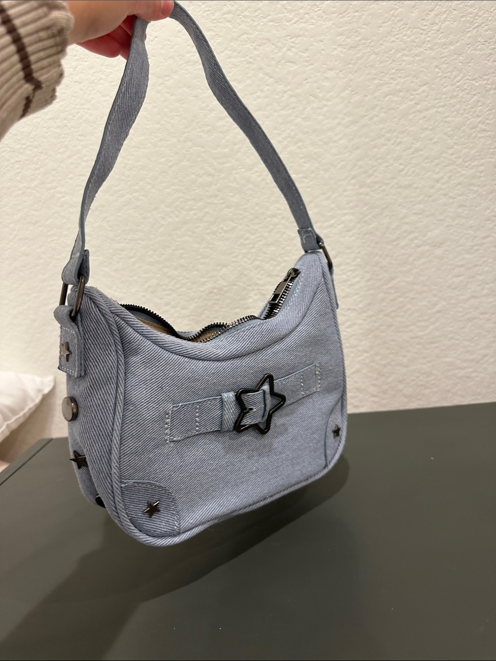 Light Blue Denim Star-Accent Shoulder Bag